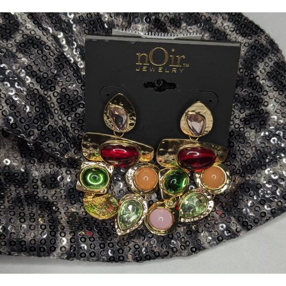 nOir Gemstone Earrings Vibrant Colors On Gold Tone Dangles - Picture 5 of 6